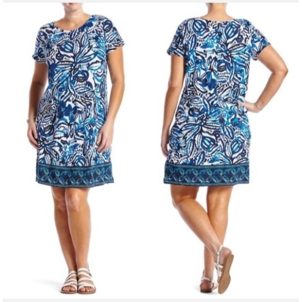 Lucky Brand Women's Floral Cotton Blend Short Sleeve Blue/White Dress 3X